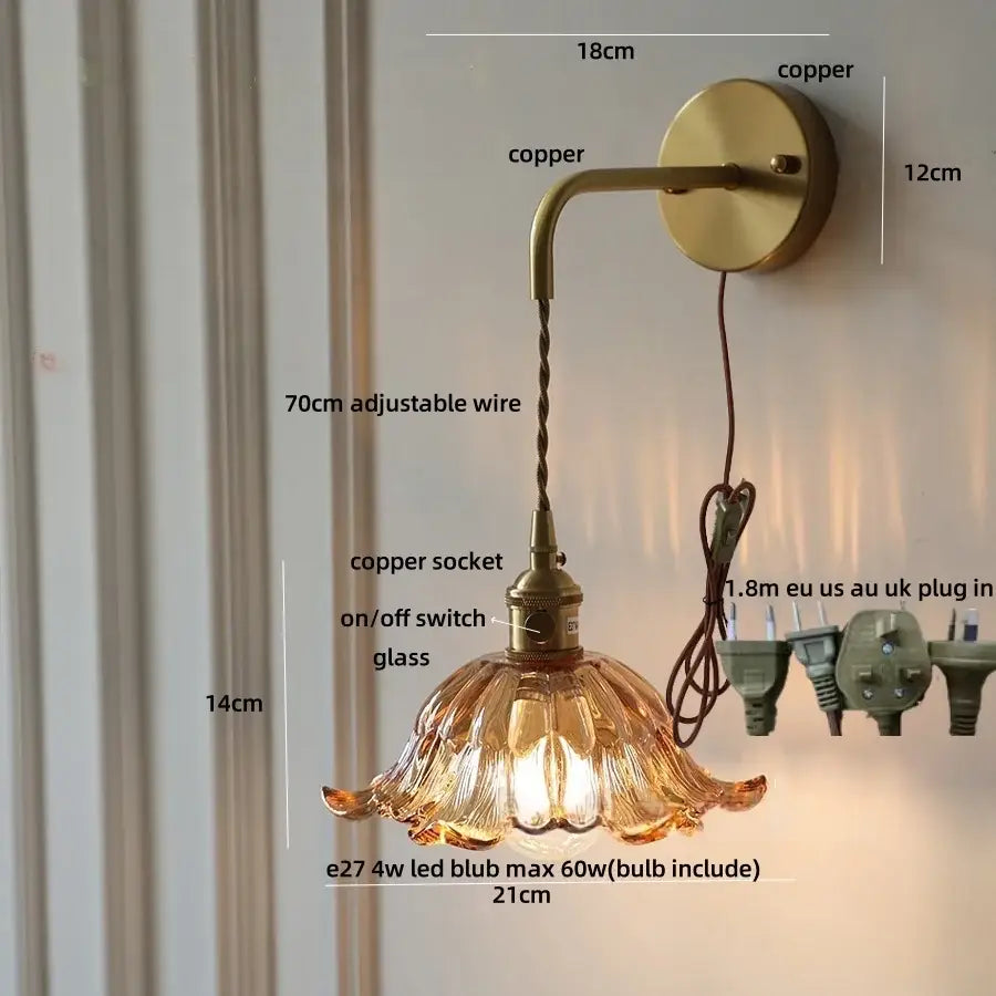 Antique brass green flower led wall sconce bedroom light with pull chain
