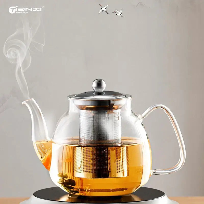Modern glass tea pot with stainless steel filter kitchen steeper