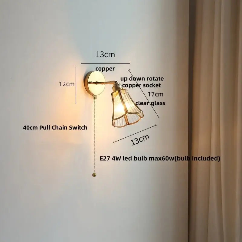 Antique brass glass wall light bedroom sconce with textured shade