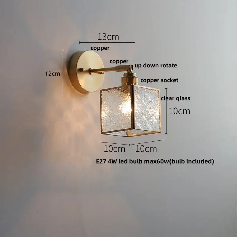 Antique brass glass wall light bedroom sconce with textured shade