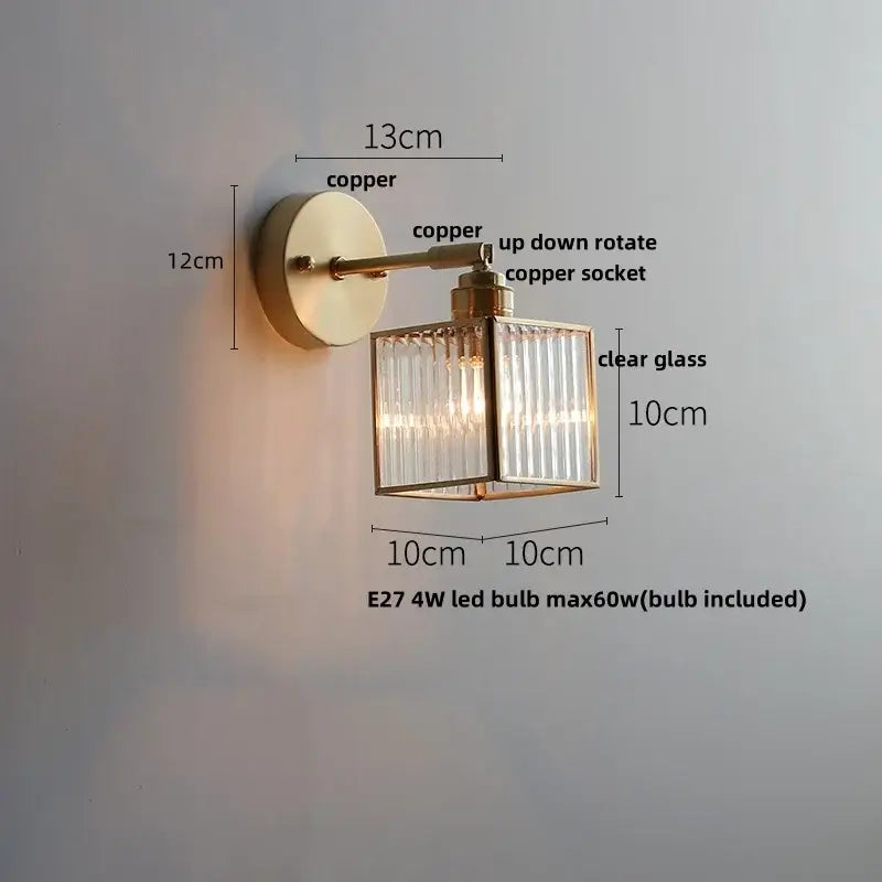 Antique brass glass wall light bedroom sconce with textured shade