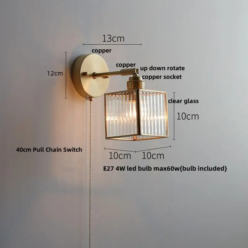 Antique brass glass wall light bedroom sconce with textured shade