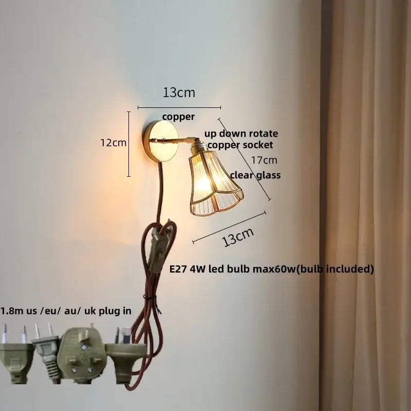 Antique brass glass wall light bedroom sconce with textured shade