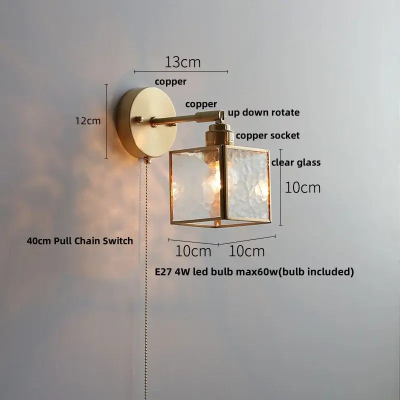 Antique brass glass wall light bedroom sconce with textured shade