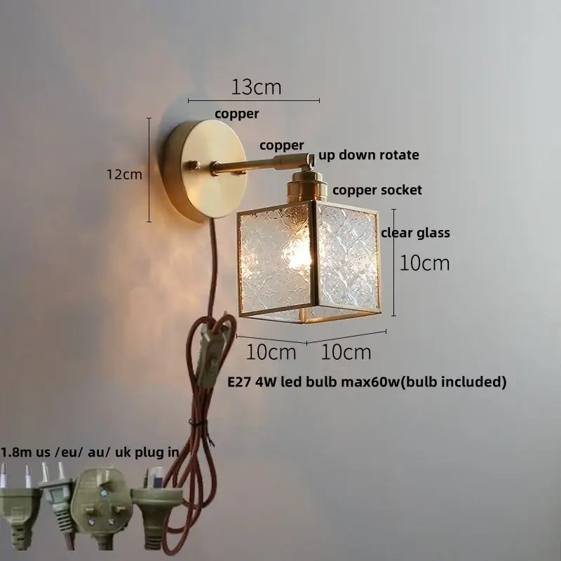 Antique brass glass wall light bedroom sconce with textured shade