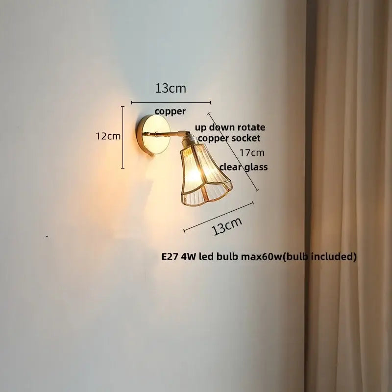 Antique brass glass wall light bedroom sconce with textured shade