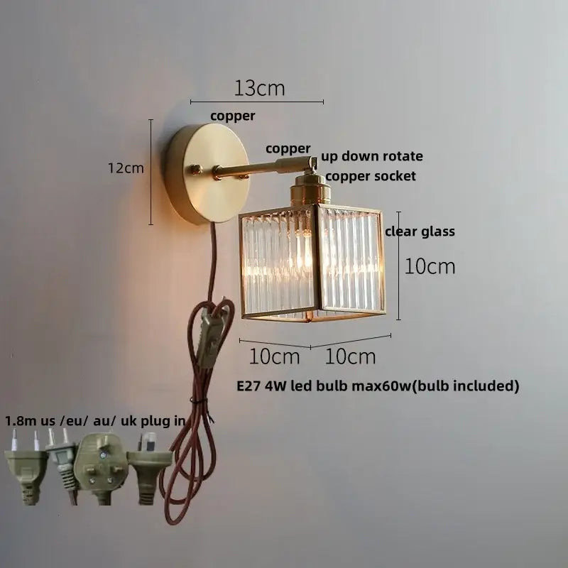 Antique brass glass wall light bedroom sconce with textured shade