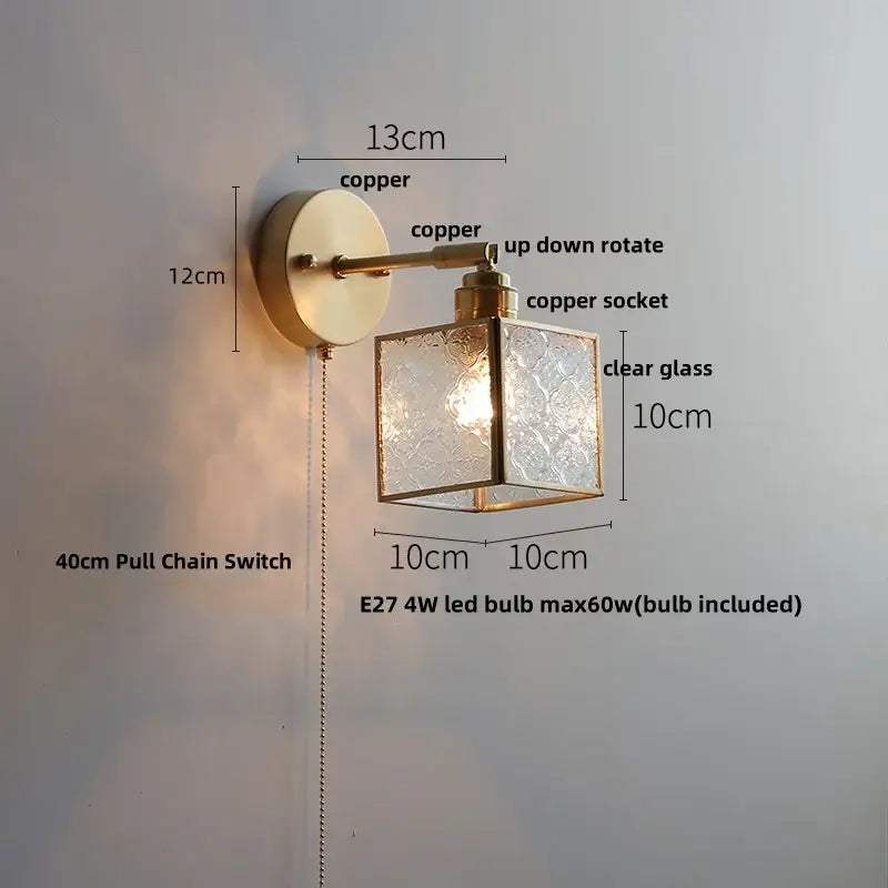 Antique brass glass wall light bedroom sconce with textured shade