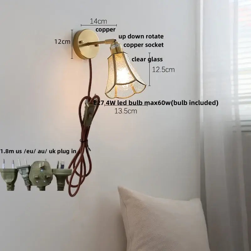 Antique brass glass wall light bedroom sconce with textured shade