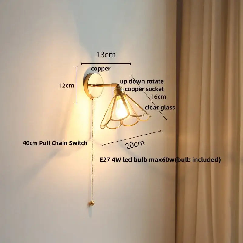 Antique brass glass wall light bedroom sconce with textured shade