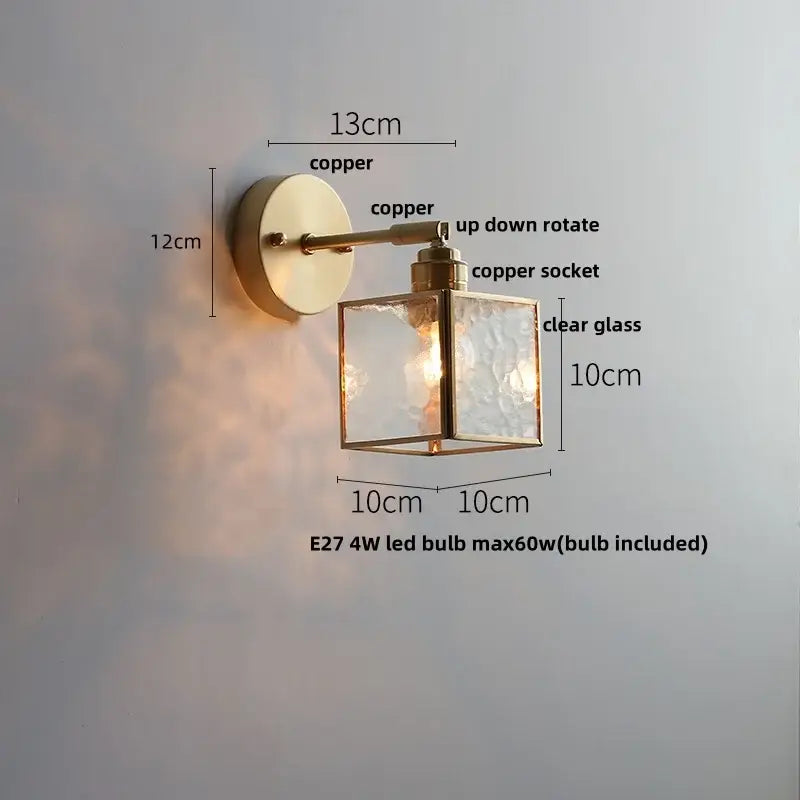 Antique brass glass wall light bedroom sconce with textured shade