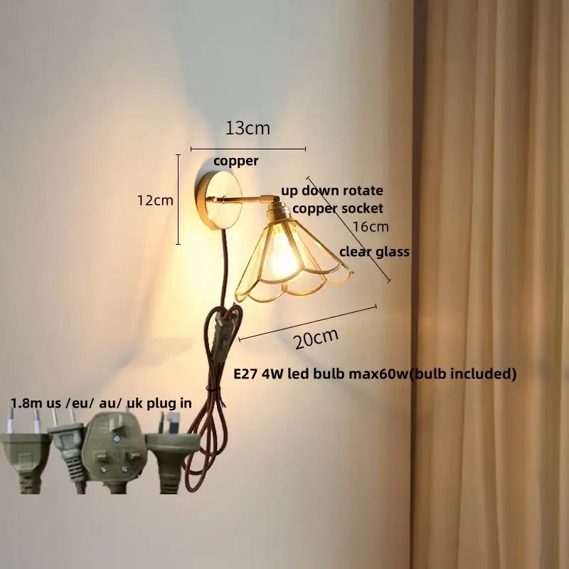 Antique brass glass wall light bedroom sconce with textured shade