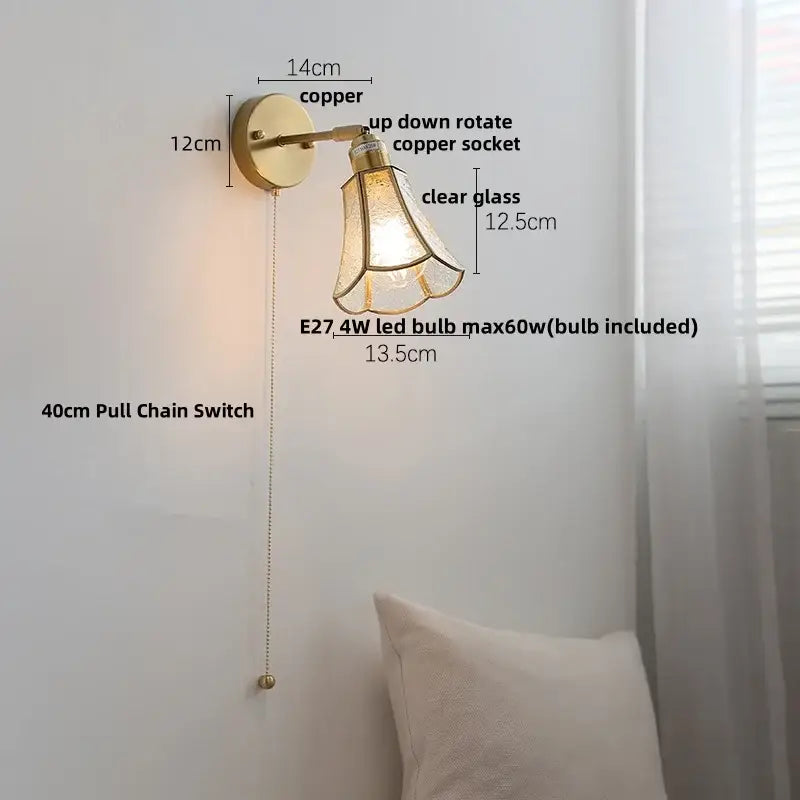 Antique brass glass wall light bedroom sconce with textured shade
