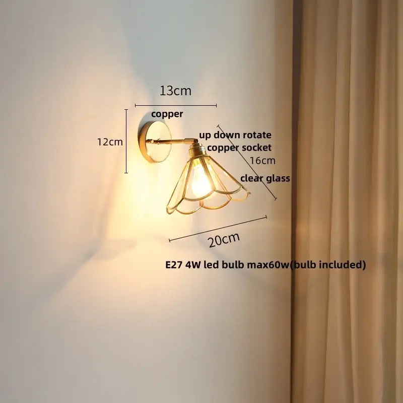 Antique brass glass wall light bedroom sconce with textured shade