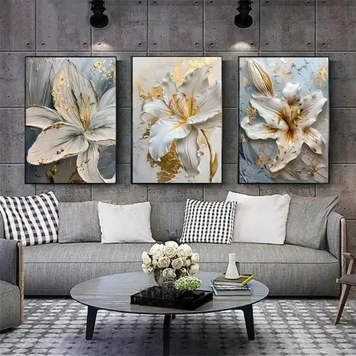 Abstract white & gold flower canvas wall art living room 3 panel decor