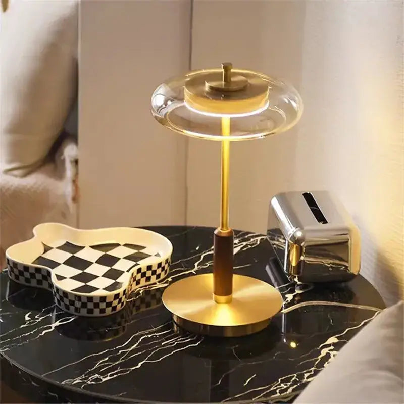 Decorbites gold lustre glass mushroom table lamp bedroom wood accent