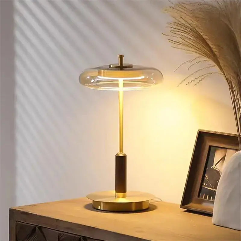 Decorbites gold lustre glass mushroom table lamp bedroom wood accent