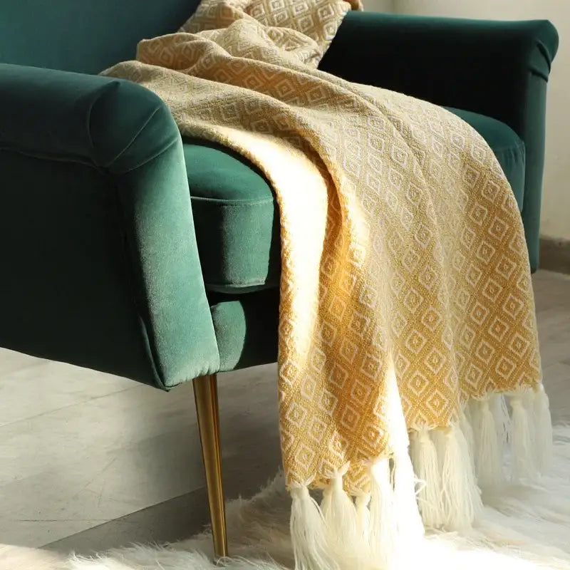 Decorbites golden knitted blanket cream geometric throw living room