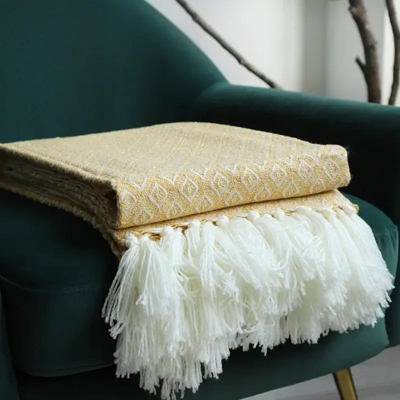 Decorbites golden knitted blanket cream geometric throw living room