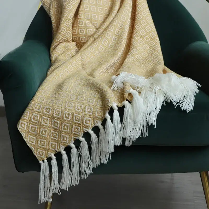 Decorbites golden knitted blanket cream geometric throw living room