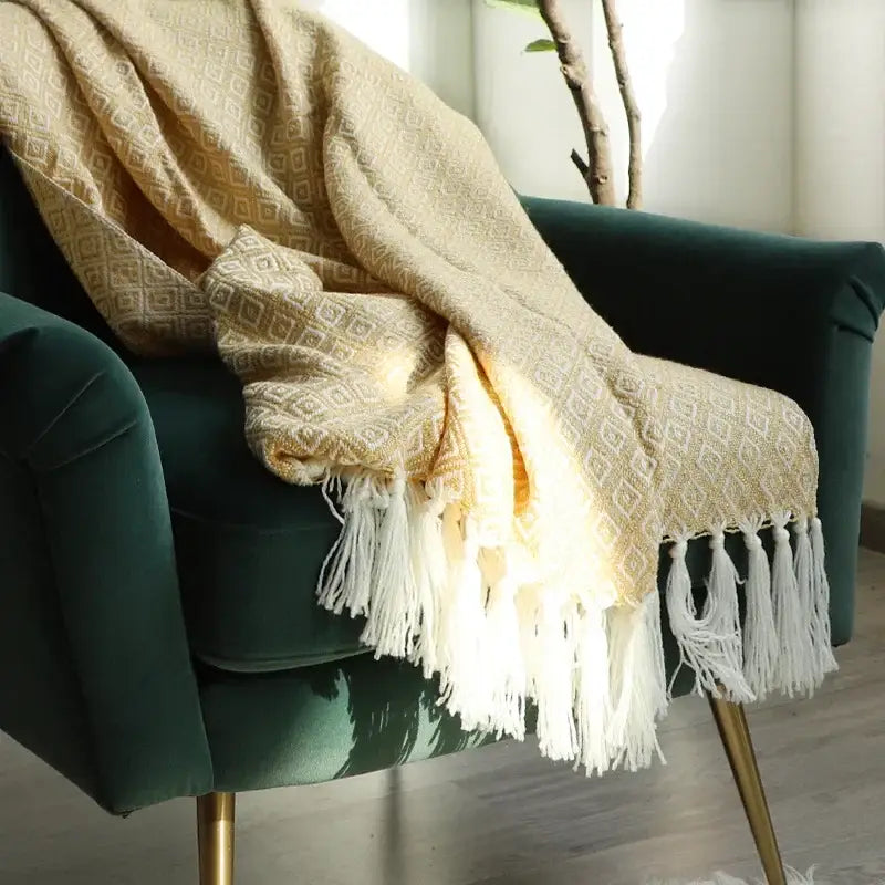 Decorbites golden knitted blanket cream geometric throw living room