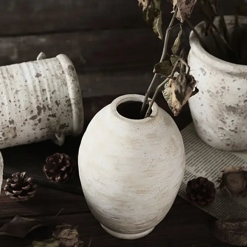 Rustic white speckled handmade ceramic vase living room decor