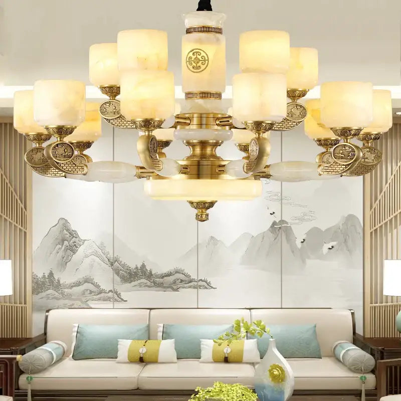 Decorbites jade copper chandelier for living room with opal glass shades