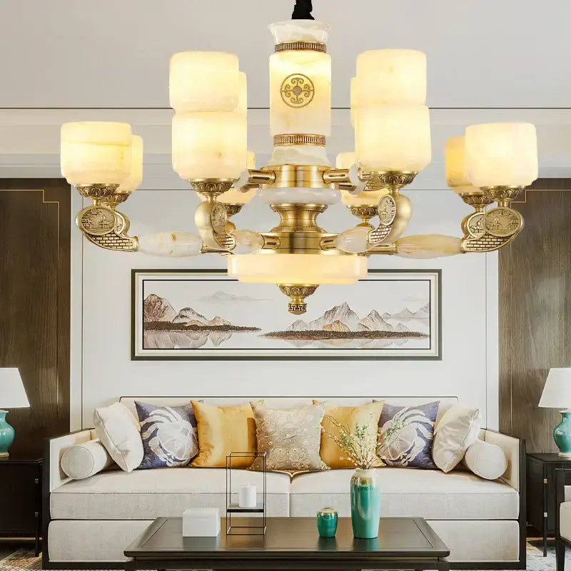 Decorbites jade copper chandelier for living room with opal glass shades