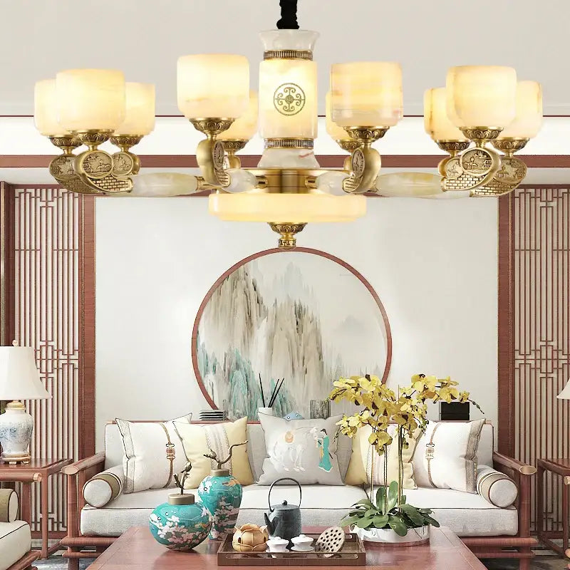 Decorbites jade copper chandelier for living room with opal glass shades