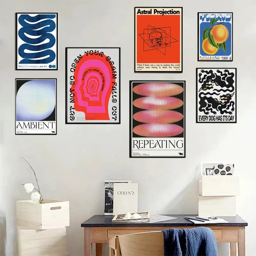 Abstract blue wave sequence pink oval canvas print living room art