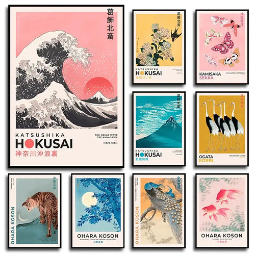 Abstract orange and red hokusai art poster print living room decor