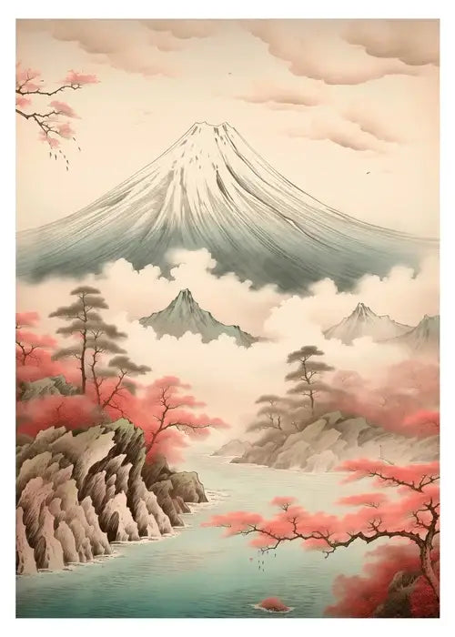 Japanese hokusai teal & white art poster print living room wall decor