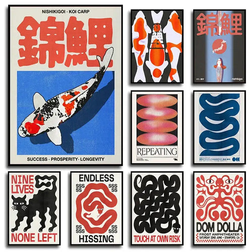 Abstract black & cream japanese koi cat canvas art – living room