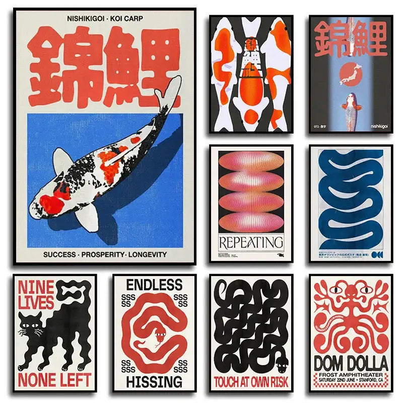 Japanese koi cat red octopus concert poster living room wall art