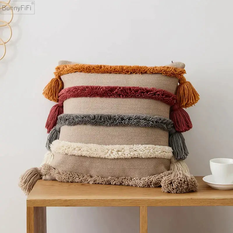 Decorbites knit boho striped cushion cover beige living room tassels