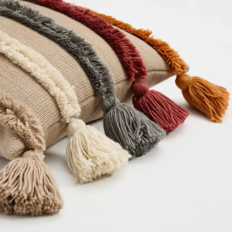Decorbites knit boho striped cushion cover beige living room tassels