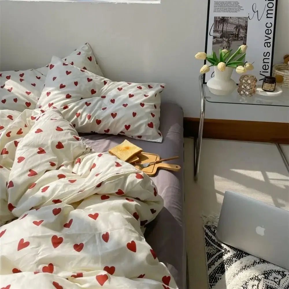 Korean style cream and red heart duvet cover bedroom bedding set