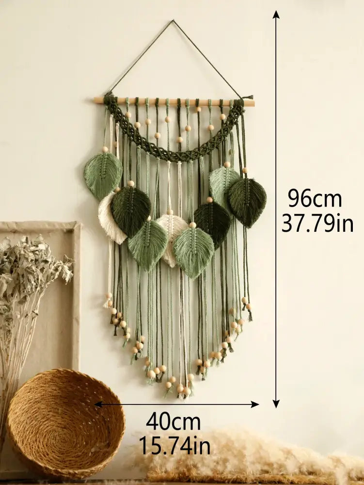 Boho green & beige macrame wall hanging living room leaf decor