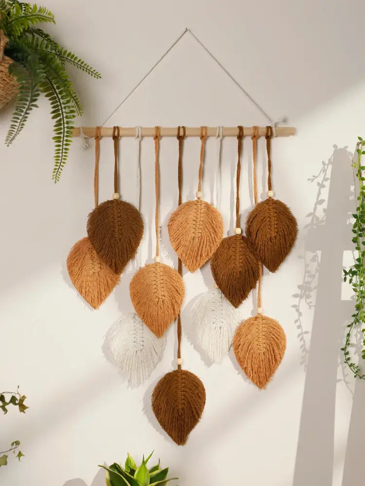 Boho green & beige macrame wall hanging living room leaf decor