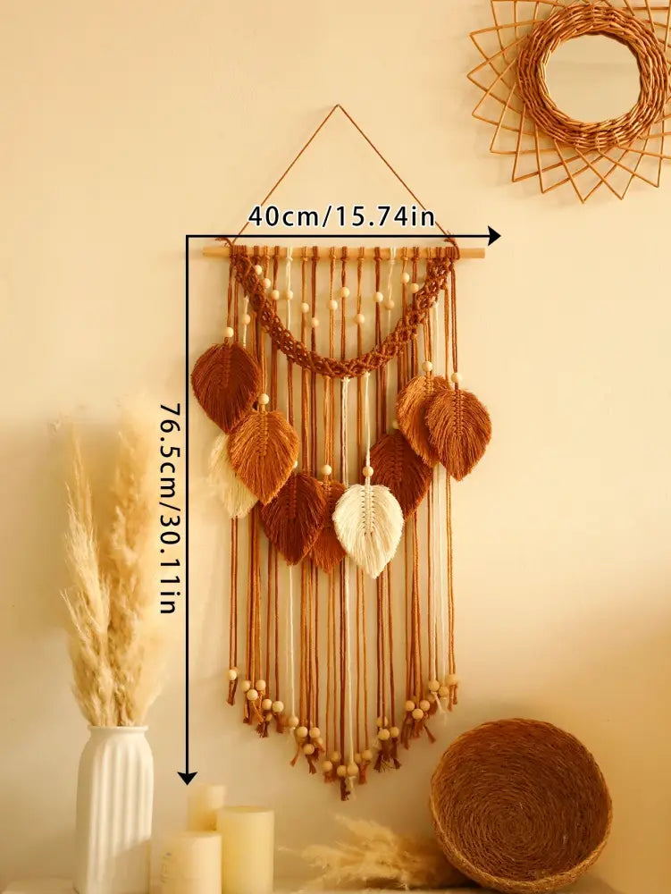 Boho green & beige macrame wall hanging living room leaf decor
