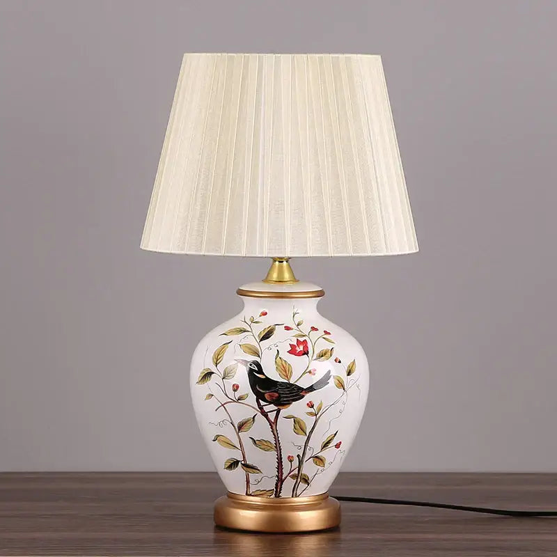 Blue floral bird ceramic table lamp bedroom pleated light