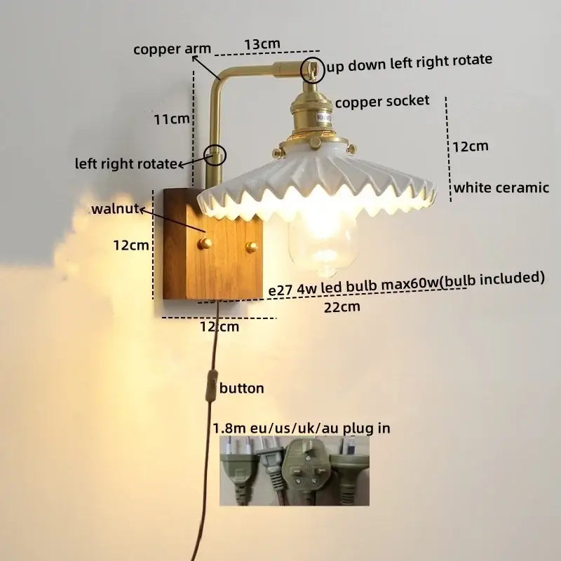 Brass and wood globe wall sconce bedroom light fixture