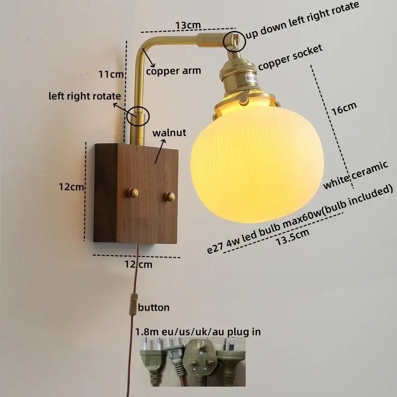 Brass and wood globe wall sconce bedroom light fixture