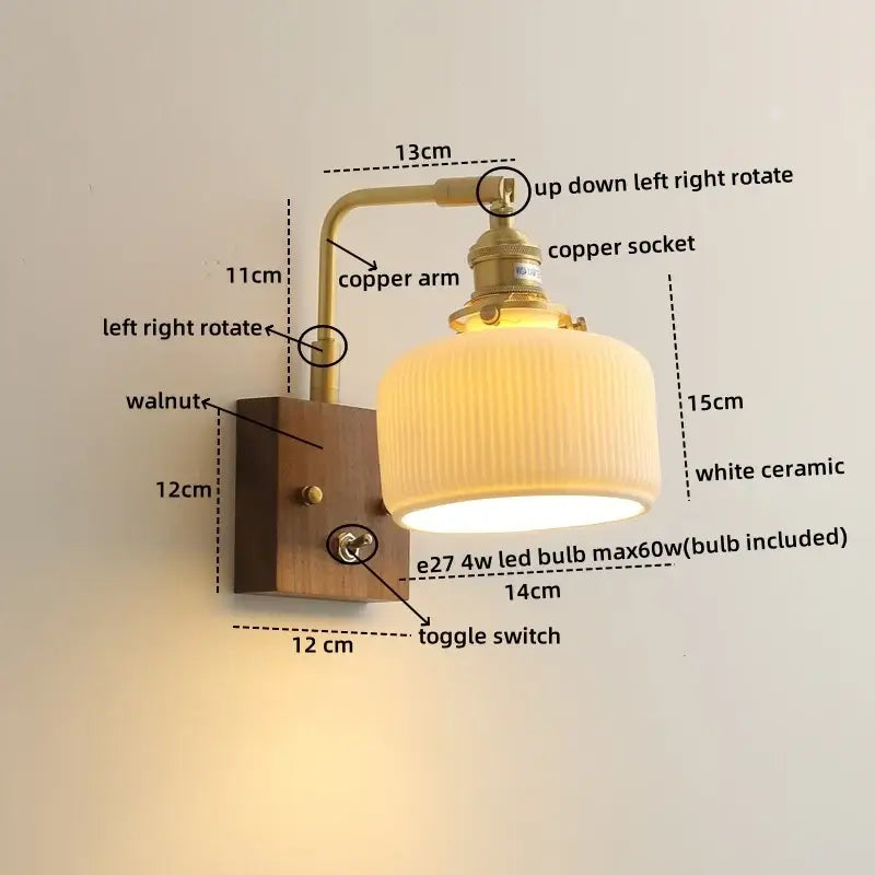 Brass and wood globe wall sconce bedroom light fixture