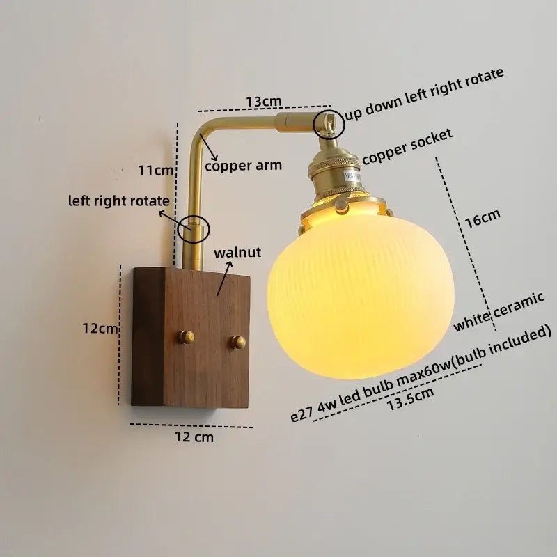 Brass and wood globe wall sconce bedroom light fixture