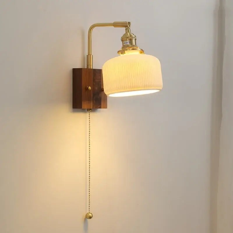 Brass and wood globe wall sconce bedroom light fixture