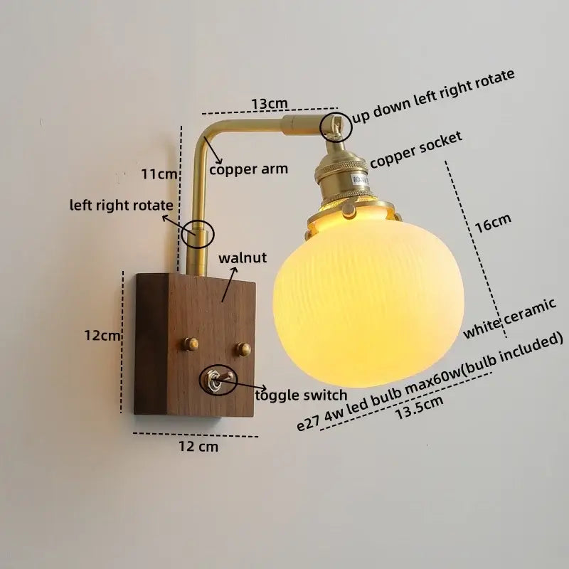 Brass and wood globe wall sconce bedroom light fixture