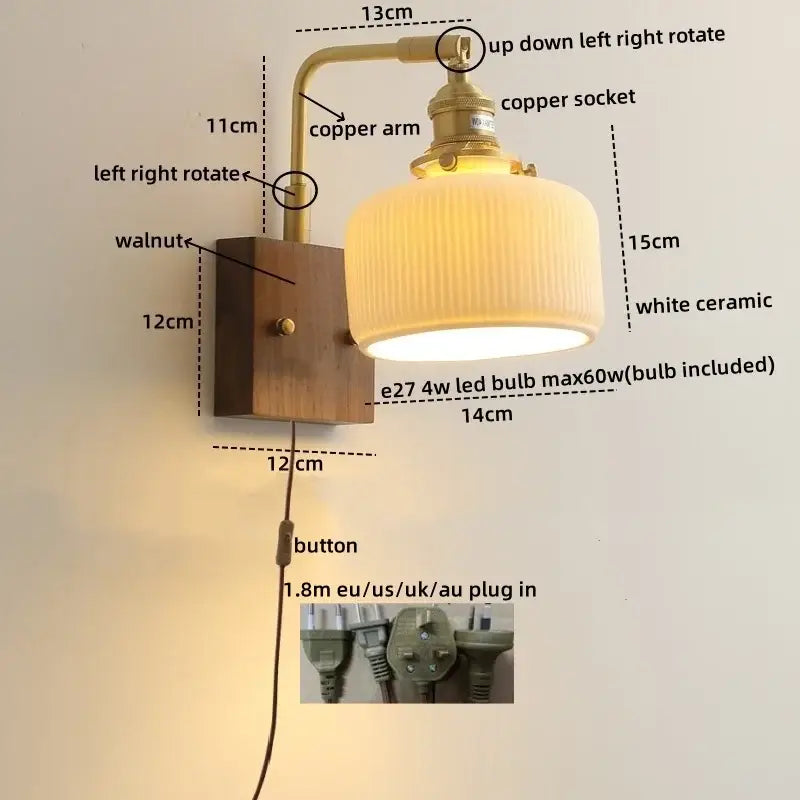 Brass and wood globe wall sconce bedroom light fixture