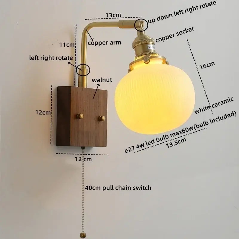Brass and wood globe wall sconce bedroom light fixture