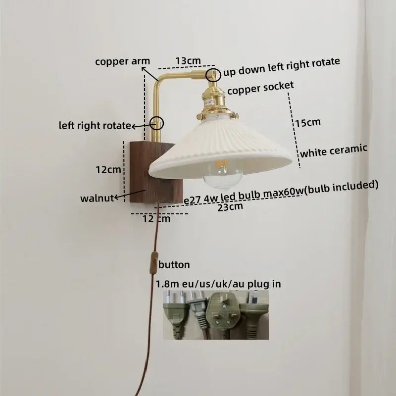 Brass and wood globe wall sconce bedroom light fixture